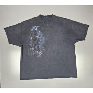 Grim Reaper Skull Skeleton T-Shirt Mens 2XL. Vintage Alstyle Cut Tag Black Fade.